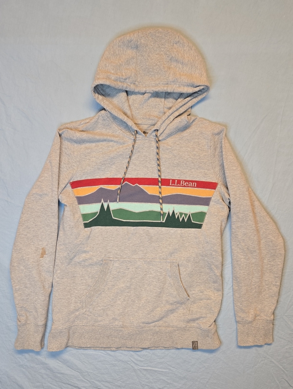 L.L. Bean Light Gray Pullover Hoodie with Multicolor Mountain Stripe Graphic